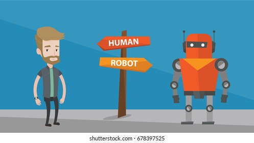 Young caucasian man and robot standing at road sign with two pathways - human and robot. Concept of choice between artificial intelligence and human. Vector flat design illustration. Horizontal layout
