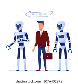 Young caucasian man and robots pass a job interview. Robots and a man seeking for a job. Concept of choice between artificial intelligence and human. Vector flat design illustration. Square layout