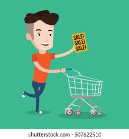 Young caucasian man running on big sale. Man holding paper sheet with sale text. Man with empty shopping trolley running in hurry to the store on sale. Vector flat design illustration. Square layout.