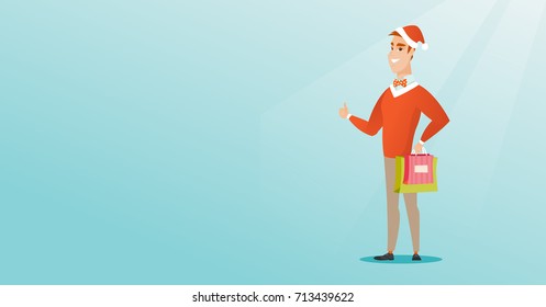 Young caucasian man in santa hat holding shopping bags with christmas gifts and giving thumb up. Excited smiling man shopping for christmas gifts. Vector flat design illustration. Horizontal layout.