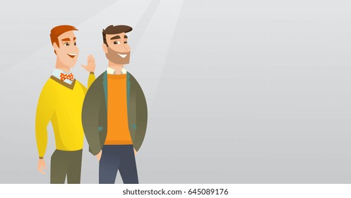 Young caucasian man shielding his mouth and whispering a gossip to his friend. Two happy men sharing gossips. Smiling friends discussing gossips. Vector flat design illustration. Horizontal layout.