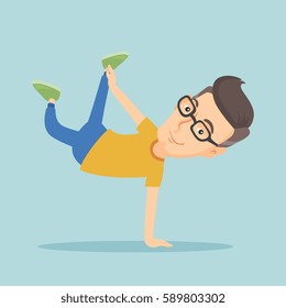 Young caucasian man showing his skills in break dance. Happy breakdance dancer doing handstand. Young smiling man dancing. Strong man breakdancing. Vector flat design illustration. Square layout.