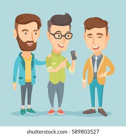 Young caucasian man showing something to his friends on his smartphone. Three happy friends looking at smartphone and laughing. Man using smartphone. Vector flat design illustration. Square layout.