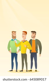 Young caucasian man showing something to his friends on his smartphone. Three male friends looking at smartphone and laughing. Man using smartphone. Vector flat design illustration. Vertical layout.