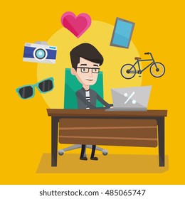 Young caucasian man sitting in front of laptop and some images of goods flying around him. Happy man doing online shopping. Man buying on internet. Vector flat design illustration. Square layout.