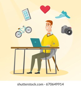 Young caucasian man sitting in front of laptop and some images of goods flying around him. Happy man doing online shopping. Man buying purchases online. Vector flat design illustration. Square layout.