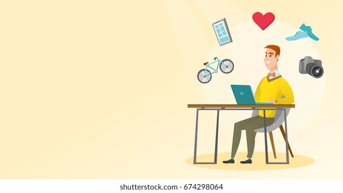 Young caucasian man sitting in front of laptop and some images of goods flying around him. Man doing online shopping. Man buying purchases online. Vector flat design illustration. Horizontal layout.