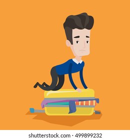 Young caucasian man sitting on suitcase and trying to close it. Frustrated man having problems with packing a lot of clothes into a single suitcase. Vector flat design illustration. Square layout.