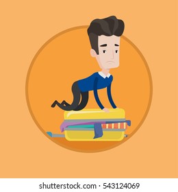 Young caucasian man sitting on suitcase and trying to close it. Frustrated man having problems with packing clothes in suitcase. Vector flat design illustration in the circle isolated on background.