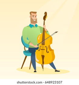 Young caucasian man sitting on a chair and playing the cello. Cellist playing classical music on the cello. Young hipster man with the cello and bow. Vector flat design illustration. Square layout.