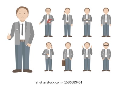 Young Caucasian man standing in different poses. Vector illustration.