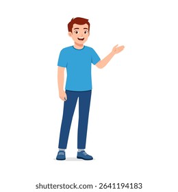 Young Caucasian man standing and presenting something with smile expression in illustration art