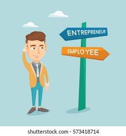 Young caucasian man standing at road sign with two career pathways - entrepreneur and employee. Man choosing career way. Man making a decision of career. Vector flat design illustration. Square layout