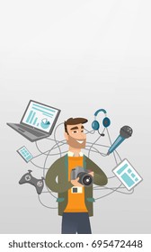 Young caucasian man taking photo with a digital camera. Man surrounded by his gadgets. Man using many electronic gadgets. Guy addicted to modern gadgets. Vector cartoon illustration. Vertical layout.