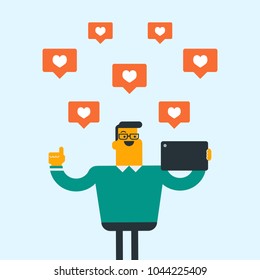 Young caucasian man with thumb up standing around buttons of social media in the shape of heart. Cheerful man using a laptop with heart icons. Vector cartoon illustration. Square layout.
