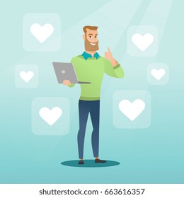 Young caucasian man with thumb up standing around buttons of social media in the shape of heart. Hipster man with beard using laptop with heart icons. Vector flat design illustration. Square layout.