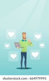 Young caucasian man with thumb up standing around buttons of social media in the shape of heart. Hipster man with beard using laptop with heart icons. Vector flat design illustration. Vertical layout.