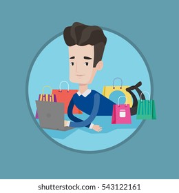 Junge Kaukasier Mann mit Laptop zum Einkaufen im Internet. Lächeln Mann, der im Online-Shop bestellt. Herzlichen Glückwunsch an den Online-Einkauf. Vektorflache Design-Illustration im Kreis einzeln auf Hintergrund.