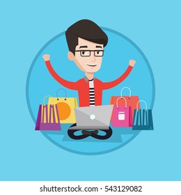 Junge Kaukasier Mann mit Laptop zum Einkaufen im Internet. Ein glücklicher Mann, der mit Einkaufstaschen um ihn herum sitzt. Mann, der online einkaufen geht. Vektorflache Design-Illustration im Kreis einzeln auf Hintergrund.