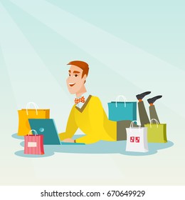 Young caucasian man using a laptop for online shopping. Smiling man lying with a laptop and shopping bags around him. Happy man doing online shopping. Vector flat design illustration. Square layout.