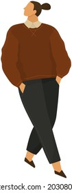 Young caucasian man walks alone keeps his hands in his pockets. Cute guy in brown pullover and black pants isolated male character in walking position. Vector businessman with dark hair in full length