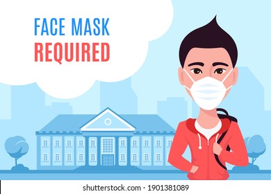 Young Caucasian Man Wearing Face Mask and Standing in Front of Univercity or College Building. Flat Style Vector illustration