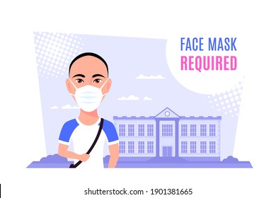 Young Caucasian Man Wearing Face Mask and Standing in Front of Univercity or College Building. Flat Style Vector illustration