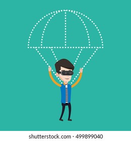 Young caucasian man wearing virtual reality glasses and flying with parachute. Excited man in vr headset having fun while flying in virtual reality. Vector flat design illustration. Square layout.