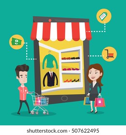 Young caucasian man and woman doing online shopping. Man and woman using mobile shopping. People walking in store that looks like tablet computer. Vector flat design illustration. Square layout.