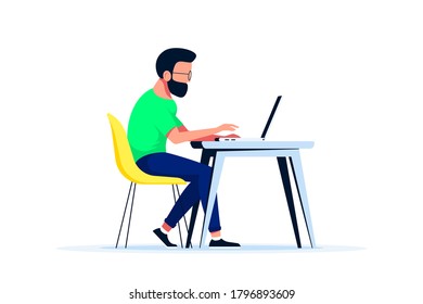 Young caucasian man working on laptop at the desk. Flat style illustration isolated on white background