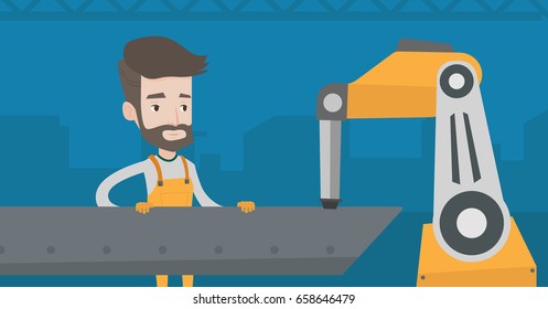 Young caucasian man working on industrial welding robotic arm at the factory. Hipster worker using industrial robotic arm in steel making plant. Vector flat design illustration. Horizontal layout.