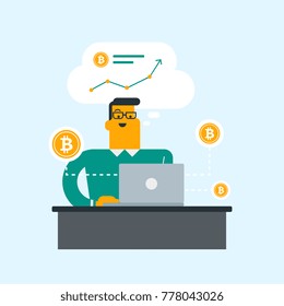 Young caucasian man working on a laptop and getting golden bitcoin coins from cryptocurrency trading. Bitcoin trading, blockchain network technology concept. Vector cartoon illustration. Square layout