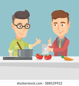 Young caucasian men following recipe for healthy vegetable meal on digital tablet. Friends cooking healthy meal. Friends having fun cooking together. Vector flat design illustration. Square layout.