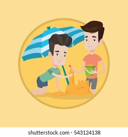 Young caucasian men making sand castle on the beach under beach umbrella. Happy friends building sandcastle. Beach holiday concept. Vector flat design illustration in the circle isolated on background