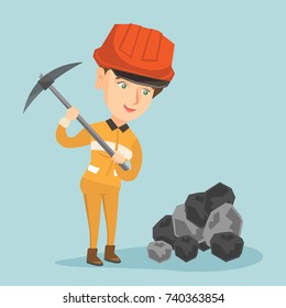 Young caucasian miner in hard hat and workwear working with a pickaxe at the coal mine. Female miner taking coal with a pickaxe at the coal mine. Vector cartoon illustration. Square layout.