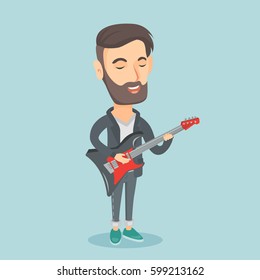 Young caucasian musician playing electric guitar. Man practicing in playing guitar. Hipster guitarist with his eyes closed playing music on guitar. Vector flat design illustration. Square layout.