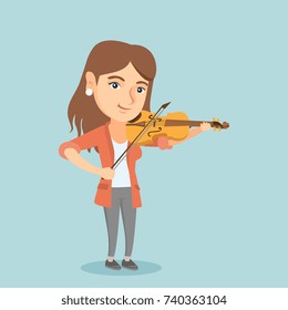 Young caucasian musician playing the violin. Smiling violinist playing classical music on the violin. Full length of a female musician standing with violin. Vector cartoon illustration. Square layout.