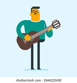 Young caucasian musician sitting with a guitar in hands. Smiling man playing the acoustic guitar. Female guitarist practicing in playing guitar. Vector cartoon illustration. Square layout.