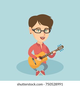 Young caucasian musician sitting with a guitar in hands. Smiling woman playing the acoustic guitar. Female guitarist practicing in playing guitar. Vector cartoon illustration. Square layout.