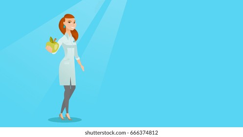 Young caucasian nutritionist prescribing diet and healthy eating. Smiling confident nutritionist holding an apple. Nutritionist offering fresh apple. Vector flat design illustration. Horizontal layout