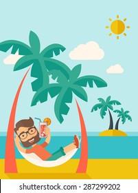 A young caucasian on the beach relaxing and drinking cocktail under the heat of the sun with two coconut tree. A contemporary style with pastel palette blue tinted background with desaturated clouds