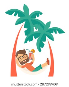 A young caucasian on the beach relaxing and drinking cocktail under the heat of the sun with two coconut tree. A Contemporary style. Vector flat design illustration isolated white background. Vertical