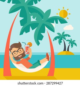 A young caucasian on the beach relaxing and drinking cocktail under the heat of the sun with two coconut tree. A contemporary style with pastel palette blue tinted background with desaturated clouds