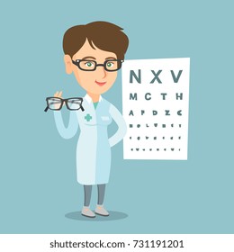 Young caucasian ophthalmologist doctor giving glasses. Ophthalmologist holding eyeglasses on the background of eye chart. Ophthalmologist offering glasses. Vector cartoon illustration. Square layout.