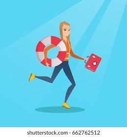 Young caucasian paramedic running to patients. Paramedic running with a first aid box. Emergency doctor running with a first aid box and a lifebuoy. Vector flat design illustration. Square layout.