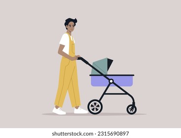 A young Caucasian parent walking with a stroller, outdoor activities