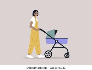 A young Caucasian parent walking with a stroller, outdoor activities