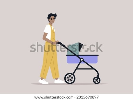A young Caucasian parent walking with a stroller, outdoor activities