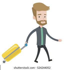 Young caucasian passenger with suitcase. A hipster man with the beard walking with suitcase. Tourist pulling his suitcase. Vector flat design illustration isolated on white background.
