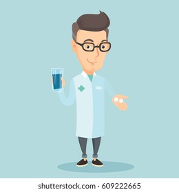Young caucasian pharmacist holding a glass of water and pills in hands. Smiling adult pharmacist in medical gown. Friendly pharmacist giving medication. Vector flat design illustration. Square layout.